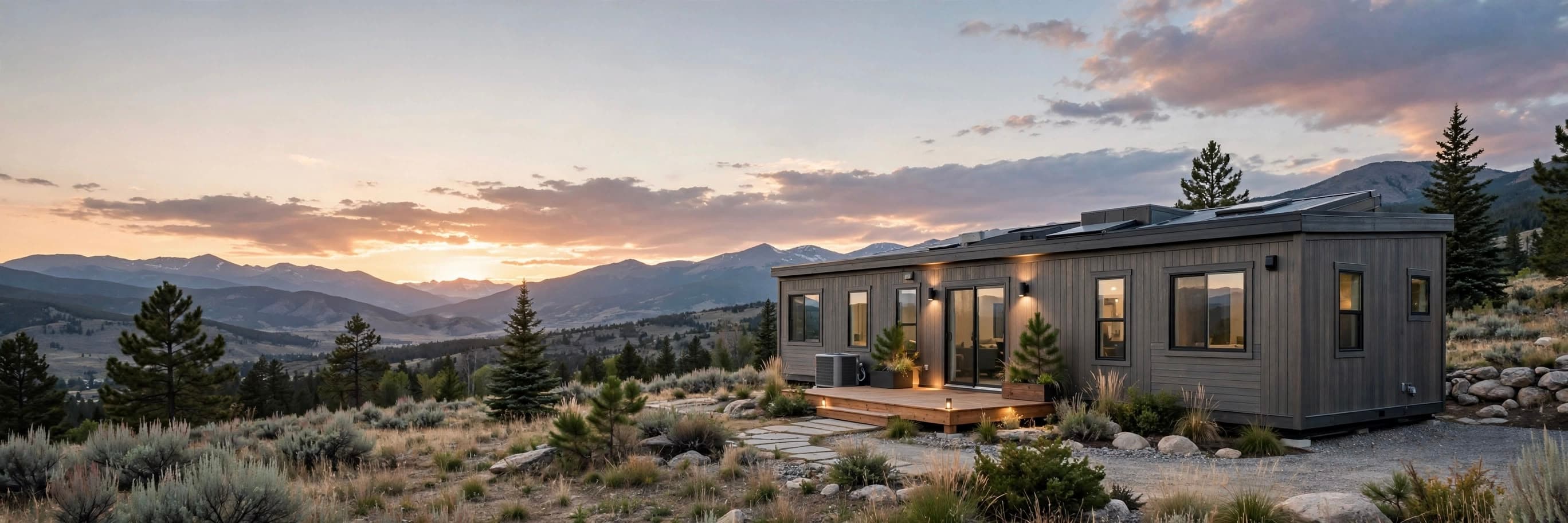 A modular home set against a mountain range at sunset